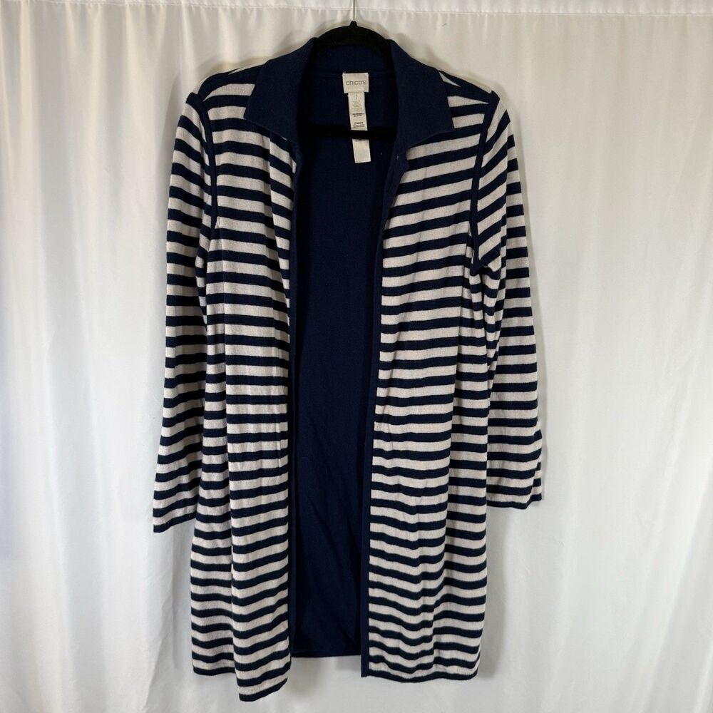 Chico's Long Cardigan Women's 1 Medium Blue White Striped Collared Open Front